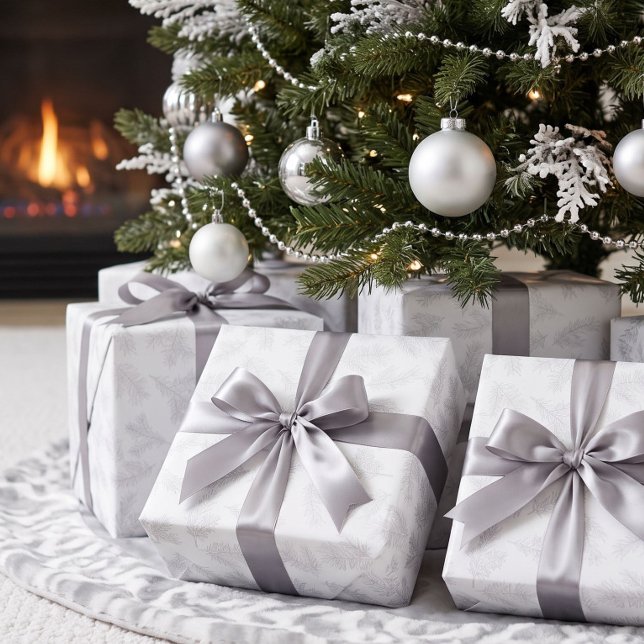 Papel De Presente Cinza Prateado Botânico Chic Branco Natal (Criador carregado)