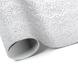 Papel De Presente Cinza Prateado Floral Damasco Floral Listras Reais