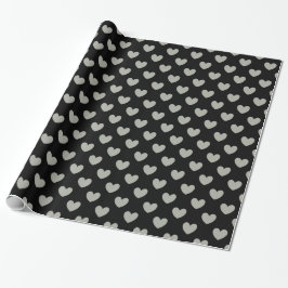 Papel De Presente Cinza Pussywillow corações de polca em preto