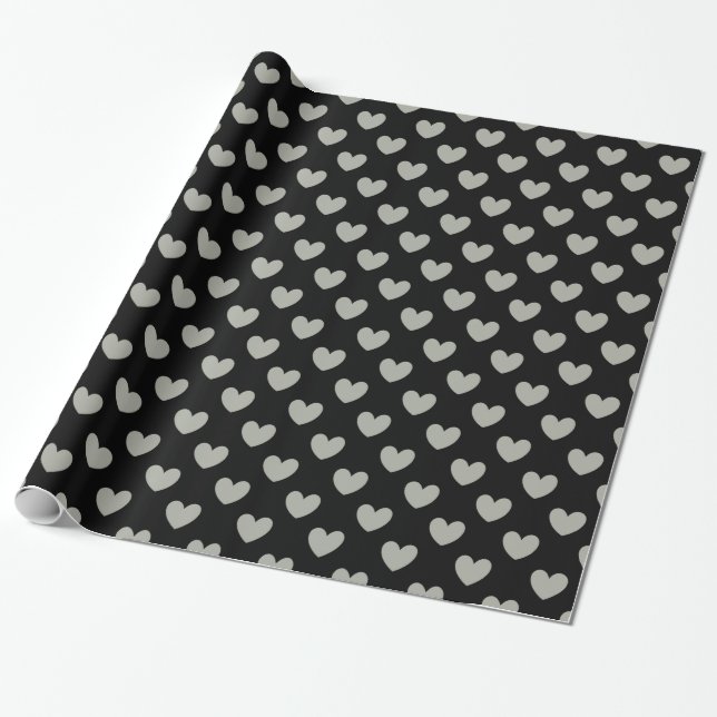 Papel De Presente Cinza Pussywillow corações de polca em preto (Desenrolado)