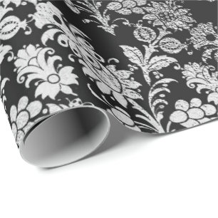 Papel De Presente Cinza Silver Black Foil Floral Elegante Metálico