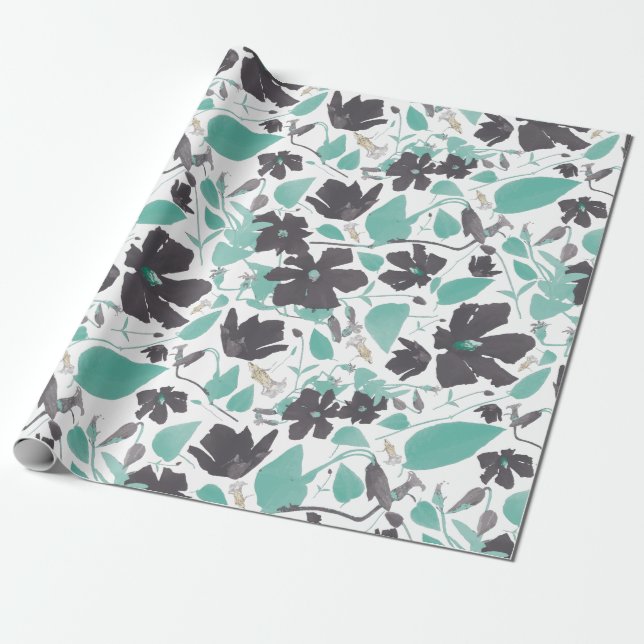 Papel De Presente Cinza Teal Castanho Clematis Floral (Desenrolado)