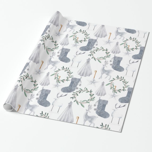 Papel De Presente Cinza Verde - Tema Escandinavo Escandinavo Natal   (Desenrolado)