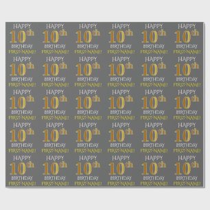 Papel De Presente Cinzas, ANIVERSÁRIO FELIZ Dourado do falso "10o "