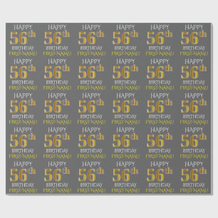 Papel De Presente Cinzas, ANIVERSÁRIO FELIZ Dourado do falso "56th 
