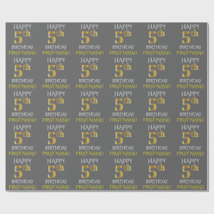 Papel De Presente Cinzas, ANIVERSÁRIO FELIZ Dourado do falso "5o "
