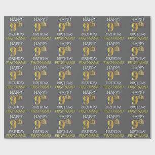 Papel De Presente Cinzas, ANIVERSÁRIO FELIZ Dourado do falso "9o "
