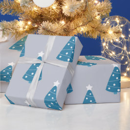 PAPEL DE PRESENTE CINZAS COM ÁRVORES DE NATAL AZUL E BRANCO