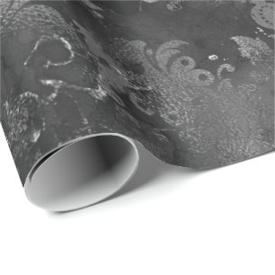 Papel De Presente Cinzas De Grafite Monocrome Floral Preto Prateado