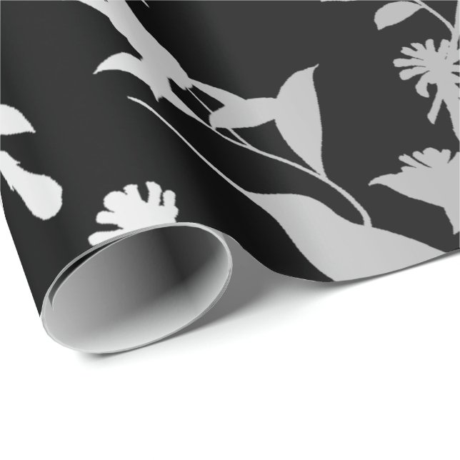 Papel De Presente Cinzas de prata Flores Metálicas de Beija Preto (Ponta do rolo)