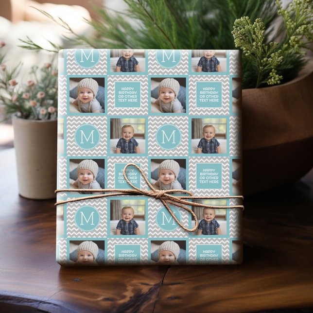 Papel De Presente Cinzas e aqua Blue Chevrons - Foto e Monograma (Personalized Photo Wrapping Paper)