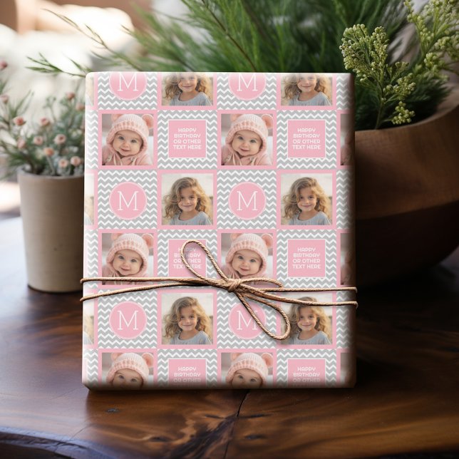 Papel De Presente Cinzas e Chevrons Rosa - Foto e Monograma (Personalized Photo Wrapping Paper)