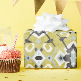 Papel De Presente Cinzas escuras boho e padrão tribal amarelo ikat