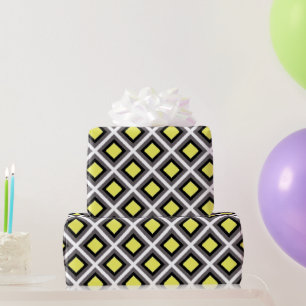 Papel De Presente Cinzas escuras, diamantes de íkat preto amarelo p