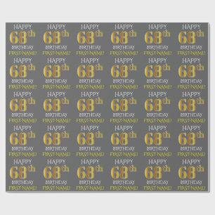 Papel De Presente Cinzas, Faux Dourado "FELIZ 68 ANIVERSÁRIO"