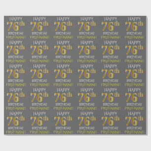 Papel De Presente Cinzas, Faux Dourado "FELIZ 76º ANIVERSÁRIO"