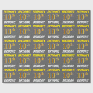 Papel De Presente Cinzas, Faux/Imitação Dourada, "10º ANIVERSÁRIO"