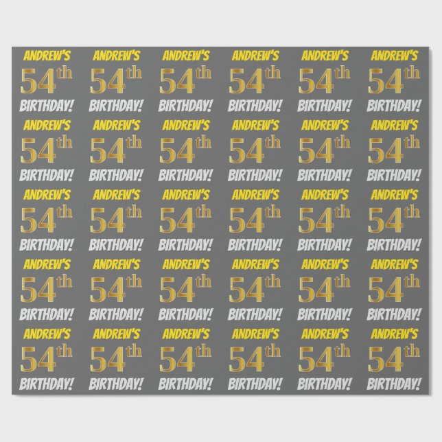 Papel De Presente Cinzas, Faux/Imitação Dourada, "54.º ANIVERSÁRIO" (Aberto)