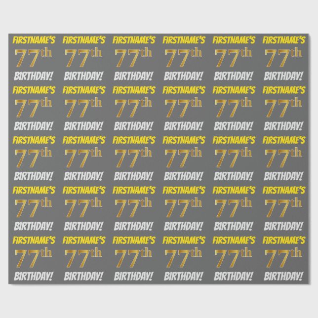 Papel De Presente Cinzas, Faux/Imitação Dourada, "77.º ANIVERSÁRIO" (Aberto)