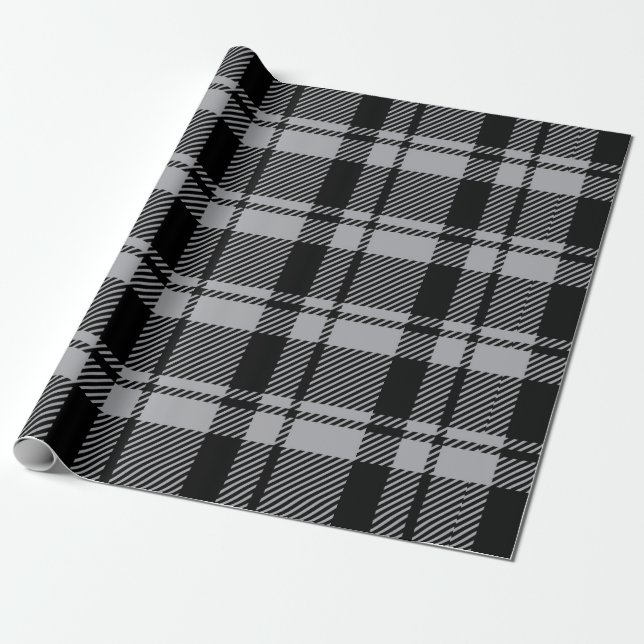 Papel De Presente Cinzas modernas e Xadrez de Tartan Preto (Desenrolado)