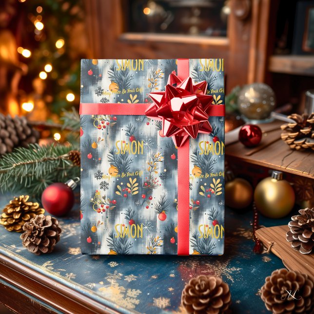 Papel De Presente Cinzas personalizadas e Enfeites de natal Dourados (Criador carregado)