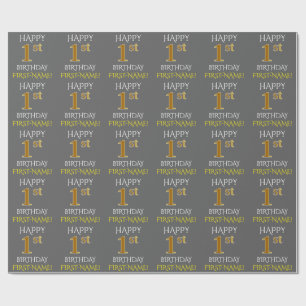 Papel De Presente Cinzas, primeiro aniversario "FELIZ " Dourado do