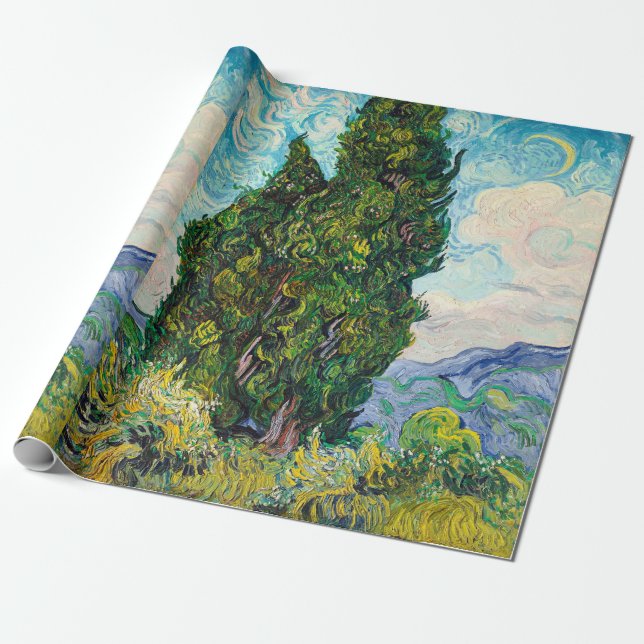 Papel De Presente Cipreestes de Vincent Van Gogh Arte Fino (Desenrolado)