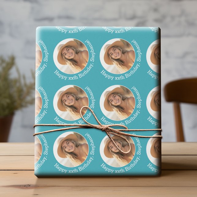 Papel De Presente Círculo 1 Foto com Saudação de Aniversário - Azul (Custom Birthday Wrapping Paper with Photo)