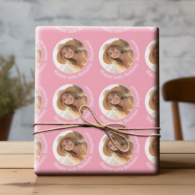 Papel De Presente Círculo 1 Foto com Saudação de Aniversário - Rosa (Custom Birthday Wrapping Paper with Photo)
