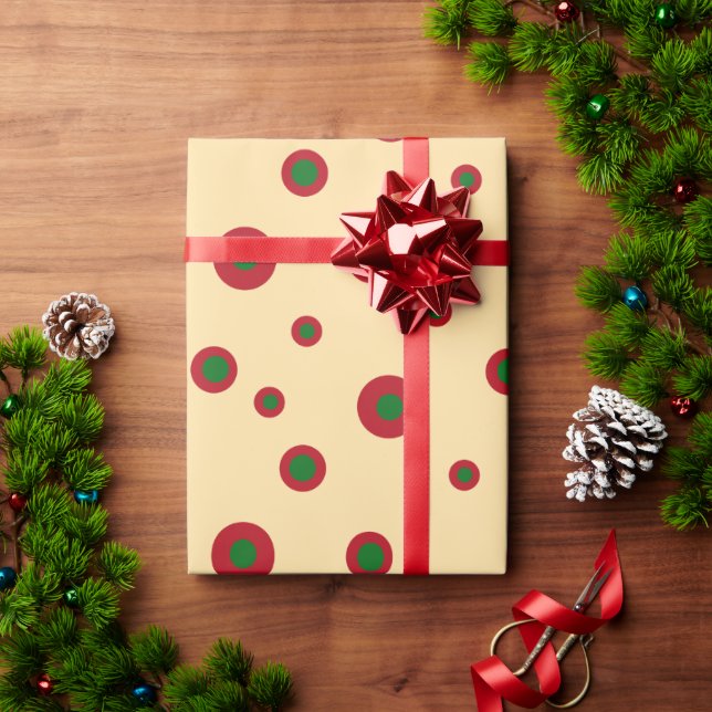 Papel De Presente Círculo Geométrico Amarelo-Bolinhas Vermelhas Verd (Presente de Natal)