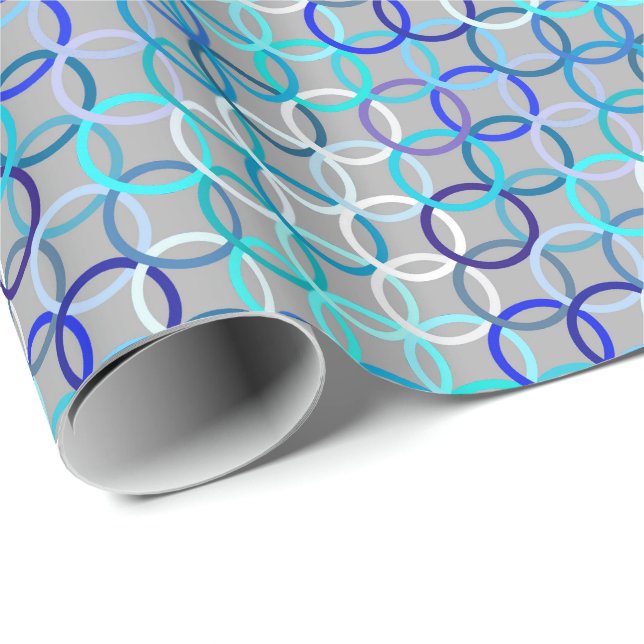 Papel De Presente Círculos, cinza, azul e branco modernos do meio (Ponta do rolo)