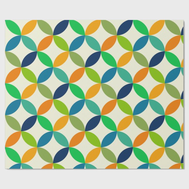 Papel De Presente Círculos de meio século em azul, verde e laranja (Aberto)