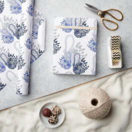 Papel De Presente Cisne Elegante e Bonito em Aquarela Azul Índigo