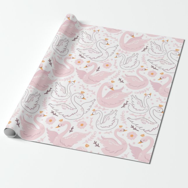 Papel De Presente Cisne Floral Elegante Rosa (Desenrolado)