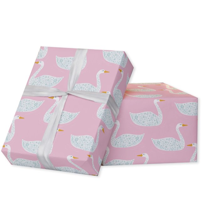 Papel De Presente Cisnes Bonitos Rosa e Branco (Pink swan pattern gift wrap paper roll)