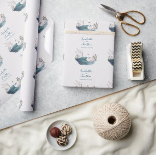 Papel De Presente Cisnes em Aquarela e Data do Casamento