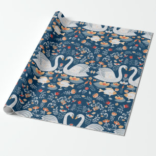 Papel De Presente Cisnes, peixes, flores em fundo azul. Decoração