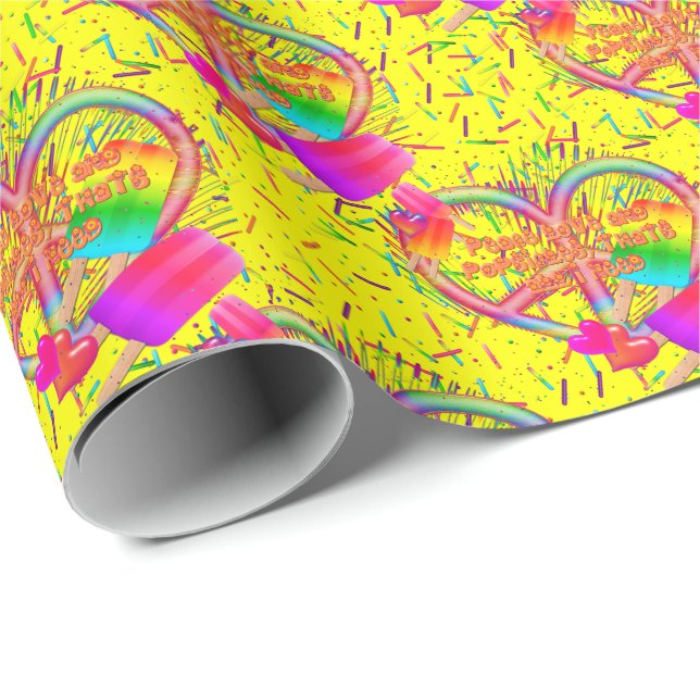Papel De Presente CKC-Peace, Love and Popsicle's, Yellow-Gift Wrap (Ponta do rolo)