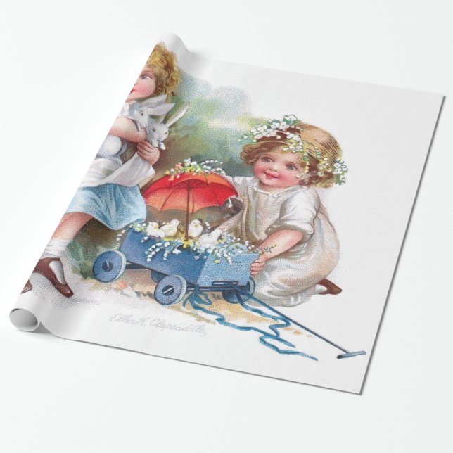 Papel De Presente Clapsaddle: Meninas que jogam com coelhos (Desenrolado)