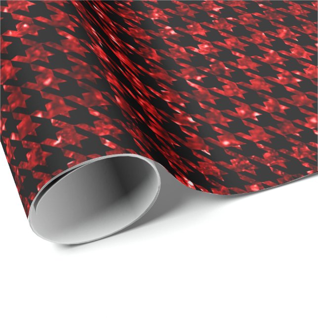 Papel De Presente Classic Black and Glitter Red Houndstooth Pattern  (Ponta do rolo)