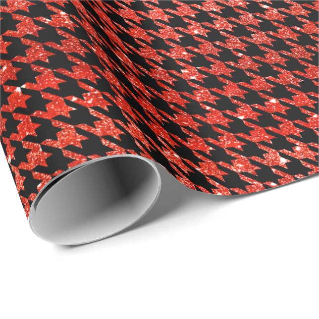Papel De Presente Classic Black and Glitter Red Houndstooth Pattern  (Ponta do rolo)