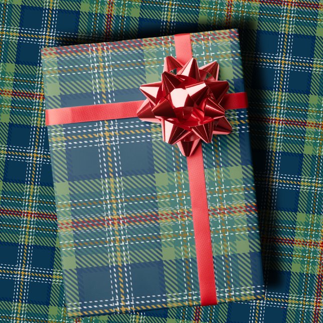 Papel De Presente Classic Holiday Plaid Stylish Green & Navy Xmas (Criador carregado)
