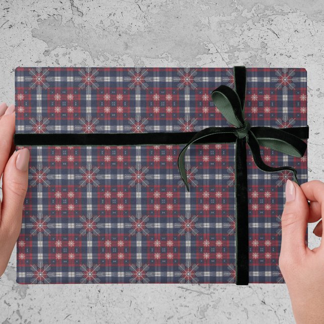 Papel De Presente Classic Navy Red Plaid Snowflakes Christmas  (Criador carregado)