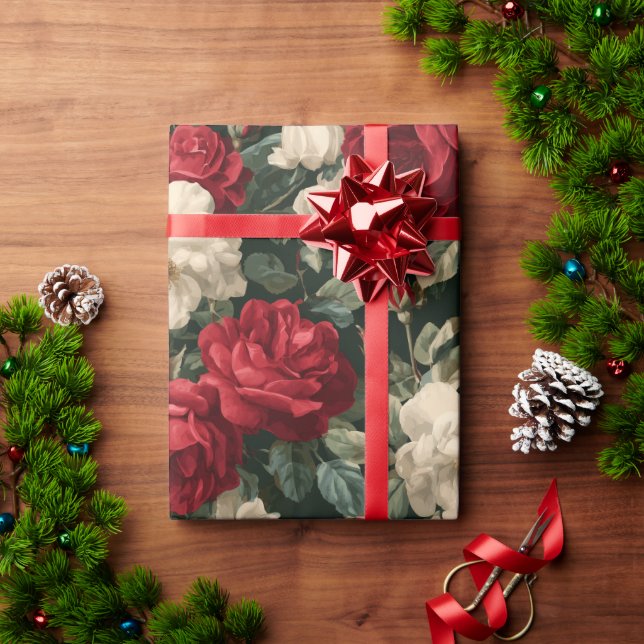 Papel De Presente Classic Red Rose White Floral Pattern (Presente de Natal)