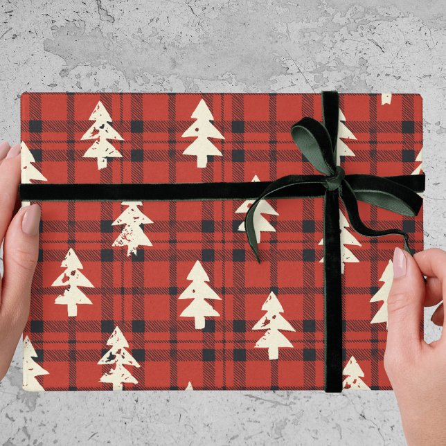 Papel De Presente Classic Red Tartan Plaid Christmas Pine Trees (Criador carregado)