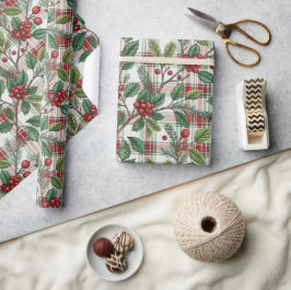 Papel De Presente Classic Vintage Christmas Plaid & Holly Pattern