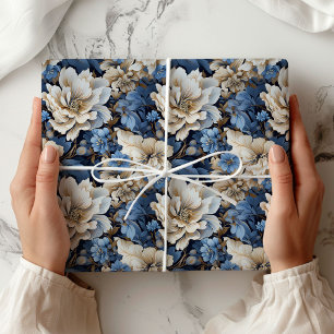 Papel de Presente Clássico Azul Branco Marfim Flor