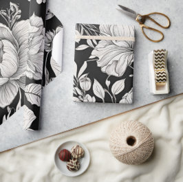Papel De Presente Clássico Floral Vintage Preto e Branco