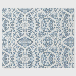 Papel De Presente Clássico Francês Floral Gravado Toile-Azul Vintage