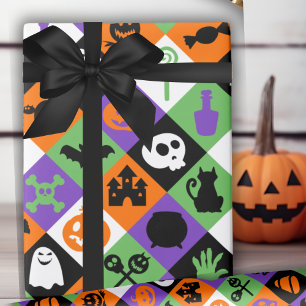 Papel De Presente Clássico Laranja, Verde E Roxo De Halloween